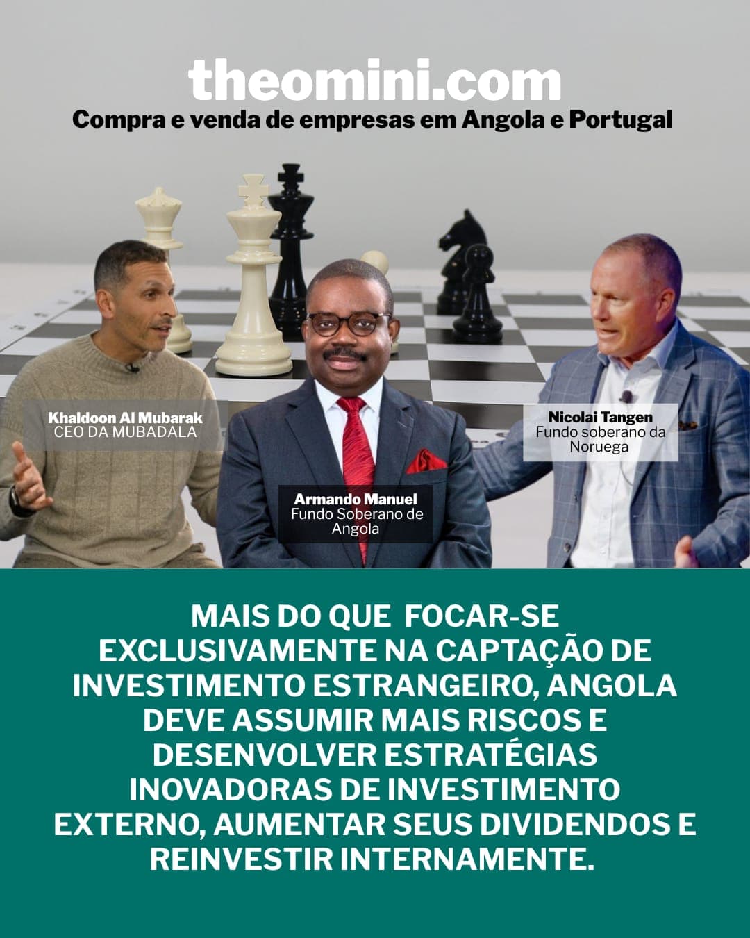 Mais do que focar-se exclusivamente na captação de investimento estrangeiro, Angola deve assumir mais riscos e desenvolver estratégias inovadoras de investimento externo, aumentar seus dividendos e reinvestir internamente